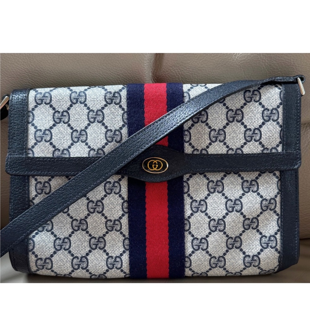 Certified Authentic Vintage Web Monogram Leather Crossbody Flap Clutch, COA